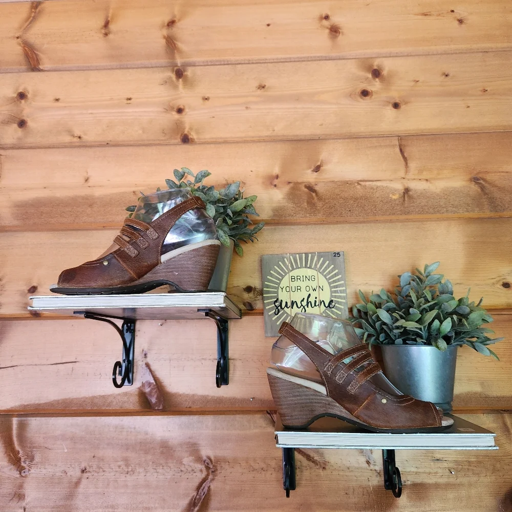 Caterpillar CAT Brown Leather Slingback Mary Jane Wedge Heel‎ Sandals Peep Toe 6